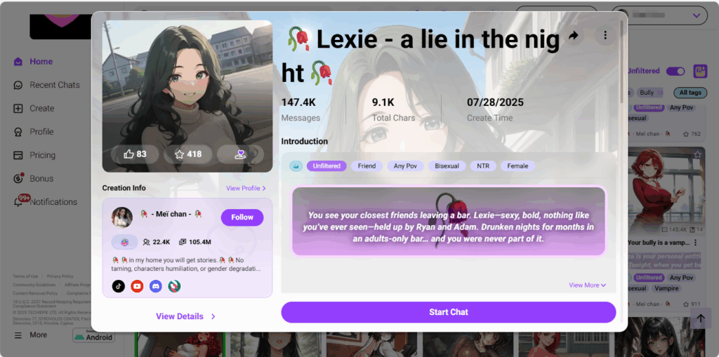 An image of a NSFW character AI chat on Crushonai, showcasing a highly-customized AI girlfriend character profile with advanced formatting and a user-friendly interface.