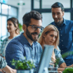 A group of professionals collaborating on computers in an office focused on AI knowledge management.